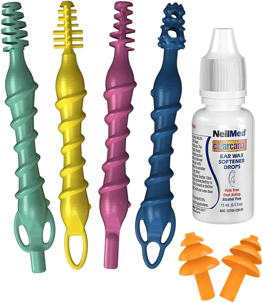 Colorful ear cleaning tools and a bottle of NeilMed ear wax softener drops on a white background.