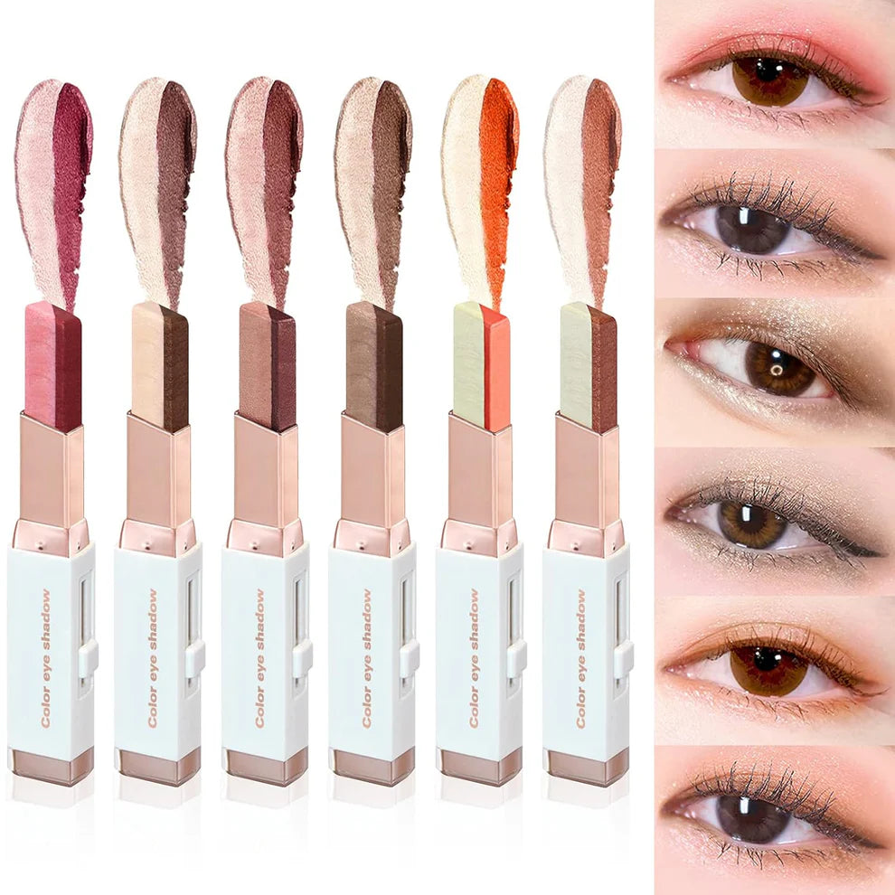 Set of makeup products with close-up shots of eyes wearing the products.
