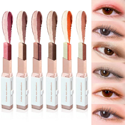 Set of makeup products with close-up shots of eyes wearing the products.