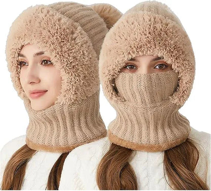 Two views of a woman wearing a beige knitted balaclava with fur trim on a white background.