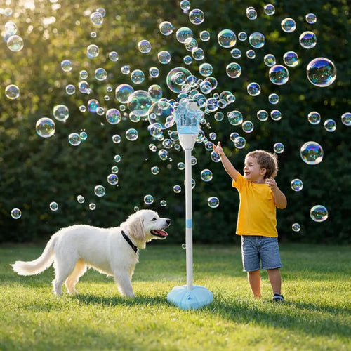 Child and dog playing with a bubble machine outdoors