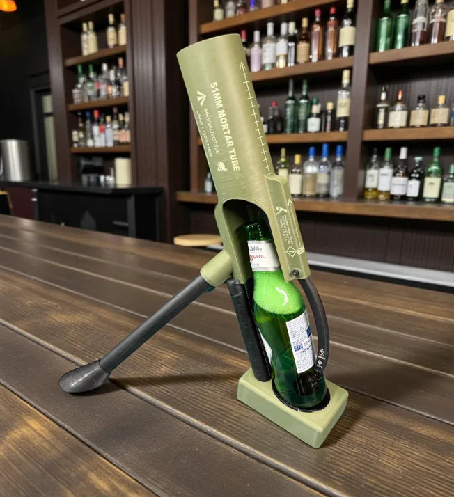 Green bottle opener with a beer bottle on a bar counter
