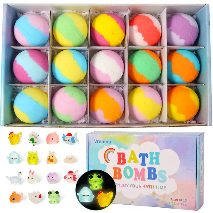 Box of colorful bath bombs with a brand logo on a white background