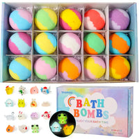 Box of colorful bath bombs with a brand logo on a white background