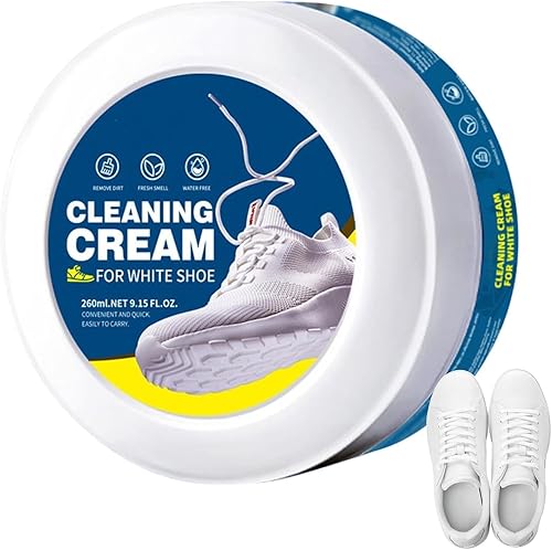 Cleaning cream for white shoes with a container and white sneakers on a white background