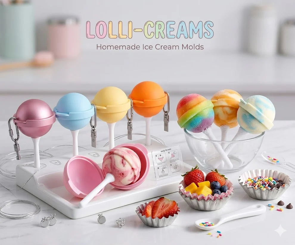 Lolli-Creams homemade ice cream molds with colorful ice cream on sticks and bowls of fruit.