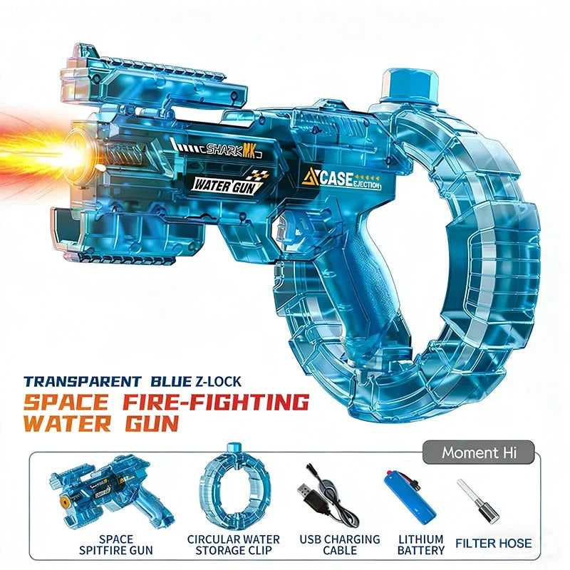 Transparent blue space-themed water gun with charging cable and battery on a white background