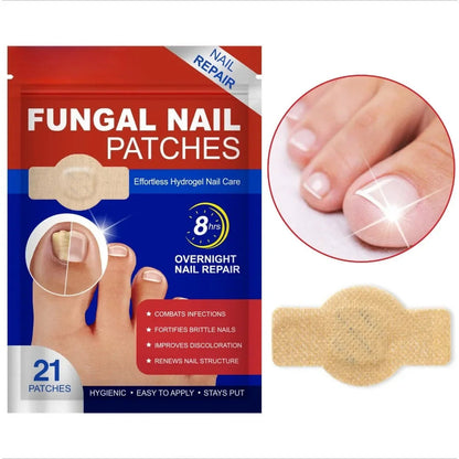 Fungal nail patches packaging with a close-up of a foot and a patch.