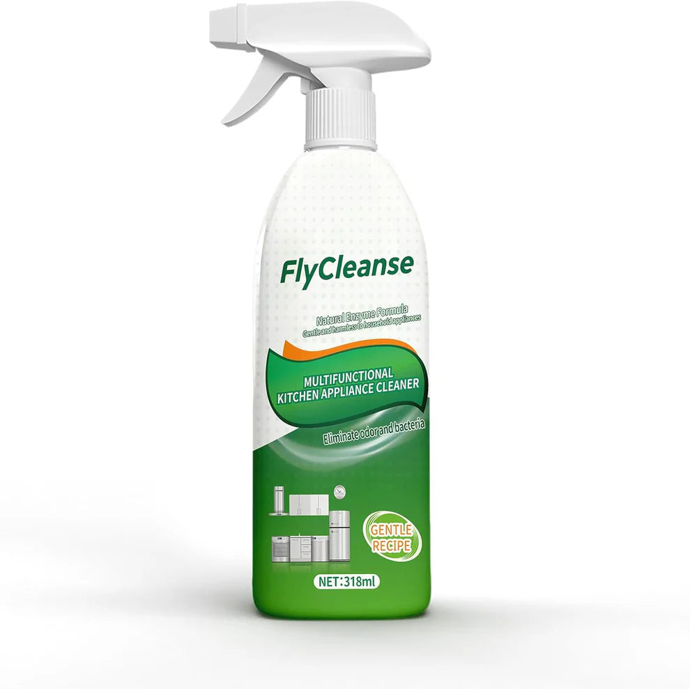 FlyCleanse multifunctional kitchen appliance cleaner bottle on a white background