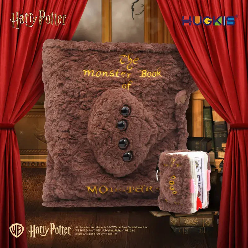 Huggies Harry Potter Monster Book of Monsters plush toy with red curtains and bookshelf in the background