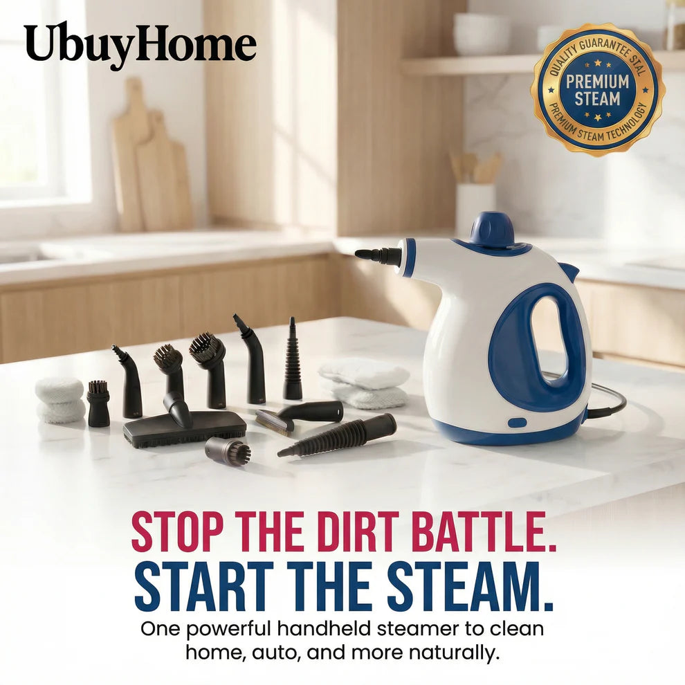 Handheld steamer with attachments on a kitchen counter, UbuyHome branding visible.