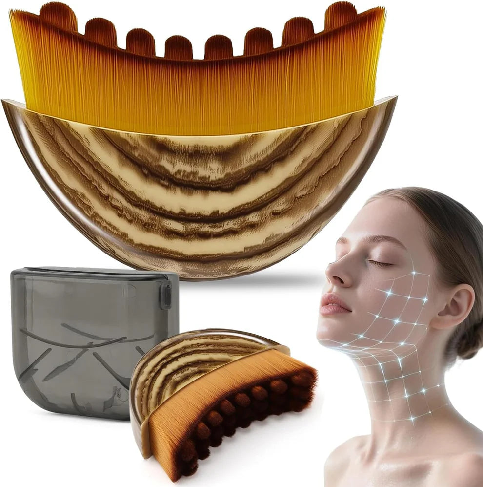 Cosmetic brush set with a woman's face and neck on a white background