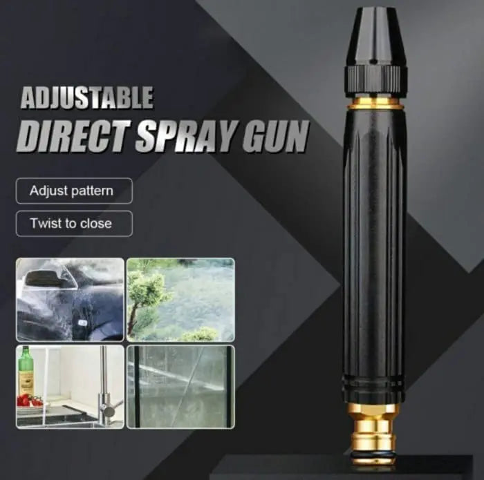 Adjustable direct spray gun with features and usage examples on a dark background