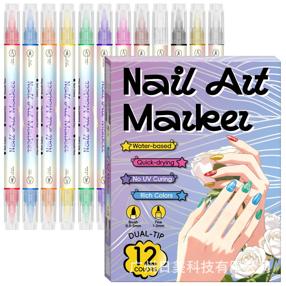 Set of nail art markers with a box displaying product details on a white background