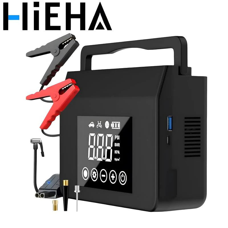 Black jump starter with digital display and clamps on a white background, featuring the brand 'HiEHA'.