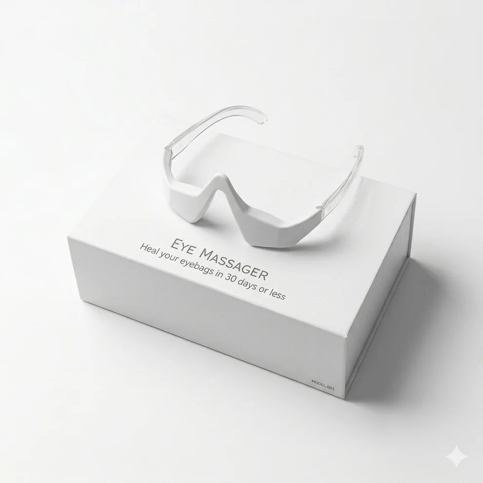 White eye massager on a white box with text on a white background