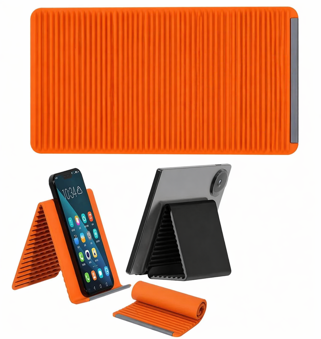 Orange and black phone stands on a white background