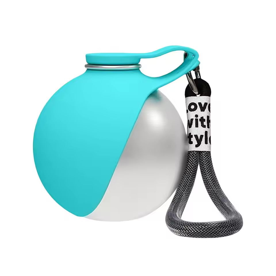 Turquoise and silver ball with a black and white rope attached on a white background
