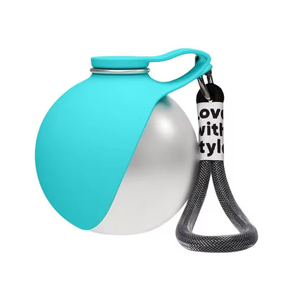 Turquoise and silver ball with a black and white rope attached on a white background