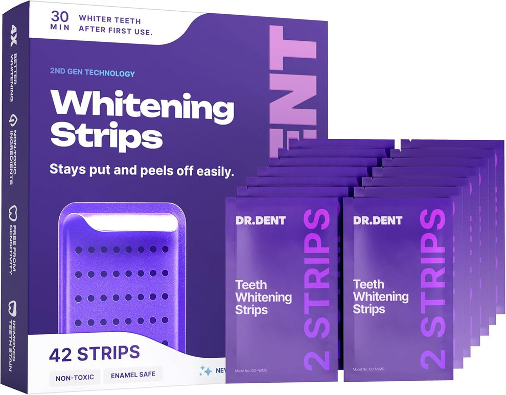 Packaging of Dr. Dent teeth whitening strips with multiple boxes stacked on a white background.