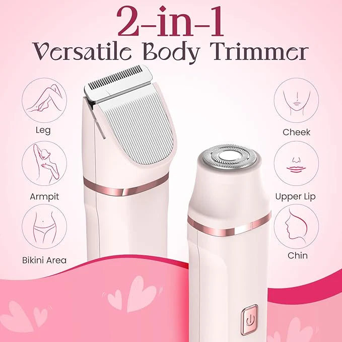 2-in-1 Versatile Body Trimmer on a pink background with illustrations of body parts.