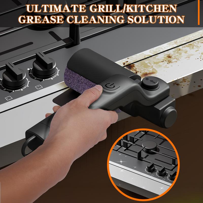 Hand using a grill and kitchen grease cleaning tool on a stove with text 'Ultimate Grill/Kitchen Grease Cleaning Solution'.